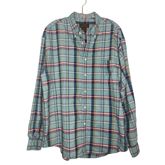 Eddie Bauer Top Men XL Button Front Blue Sage Collared 100% Cotton Long Sleeve - Picture 1 of 6